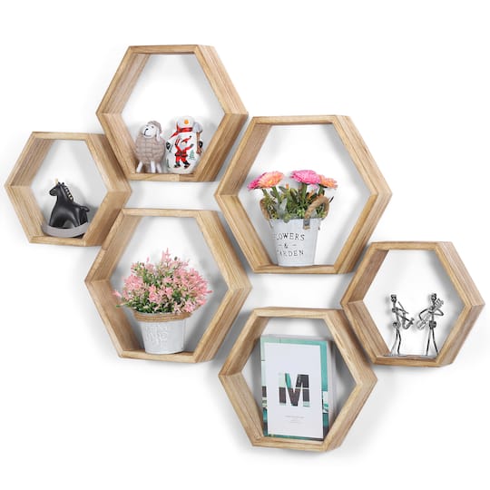 NEX&#x2122; Light Brown Hexagon Floating Wood Shelves Set